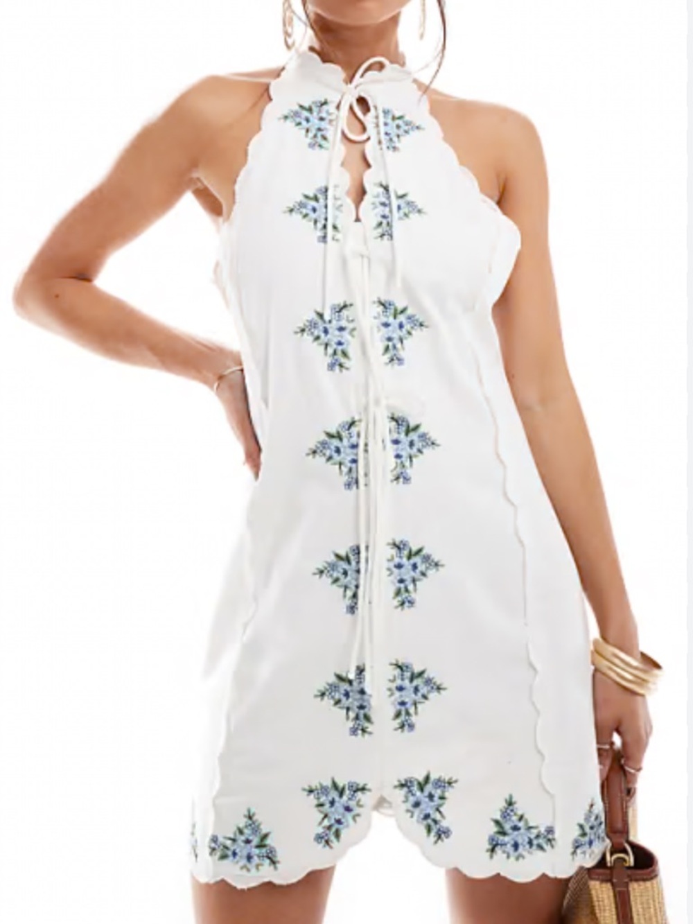 MANGO Embroidered Lace Up Mini Dress